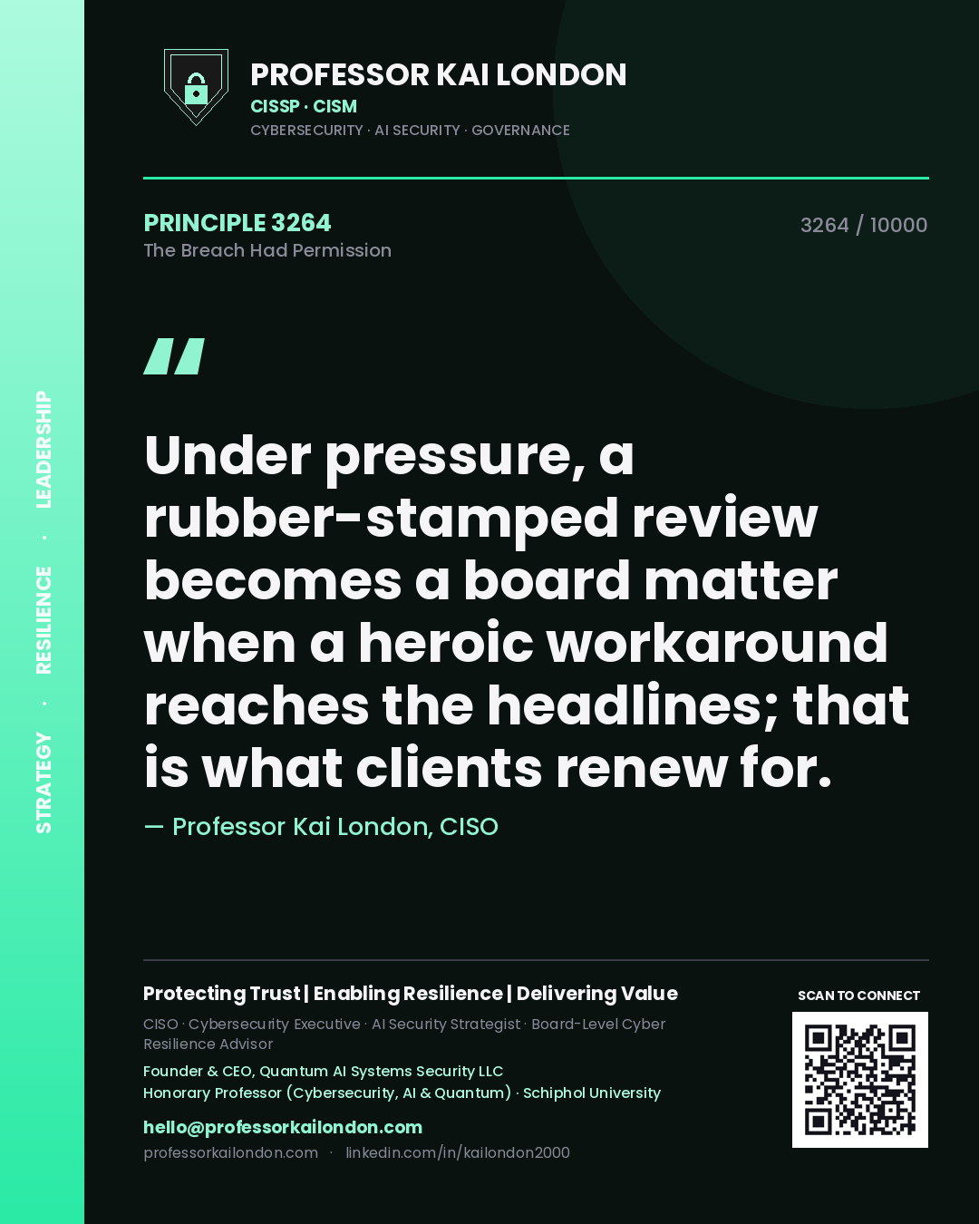 Quote card by Professor Kai London reading 'Under pressure, a rubber-stamped review becomes a board matter when a heroic workaround reaches the headlines; that is what clients renew for.'. From the book The Breach Had Permission.