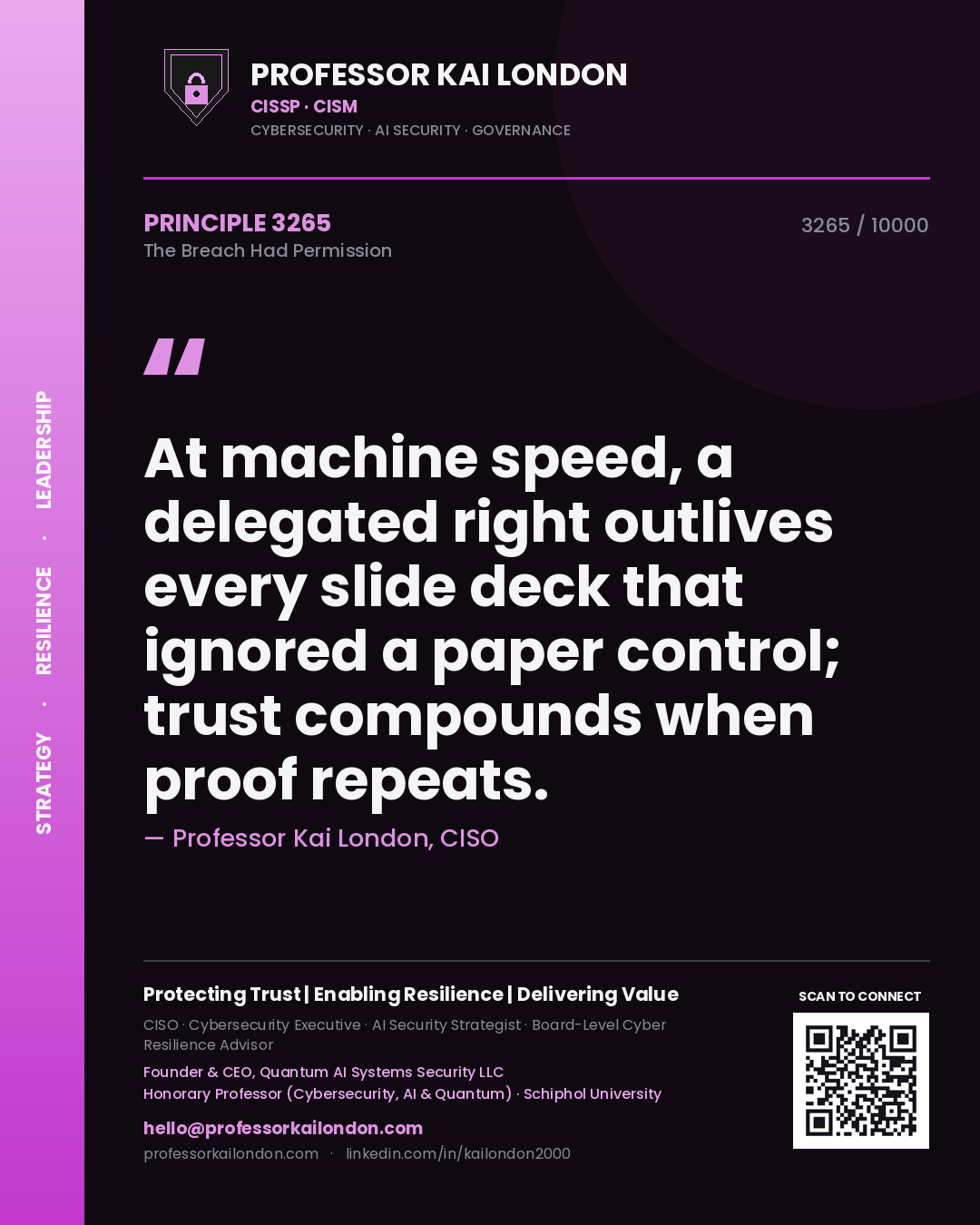 Quote card by Professor Kai London reading 'At machine speed, a delegated right outlives every slide deck that ignored a paper control; trust compounds when proof repeats.'. From the book The Breach Had Permission.