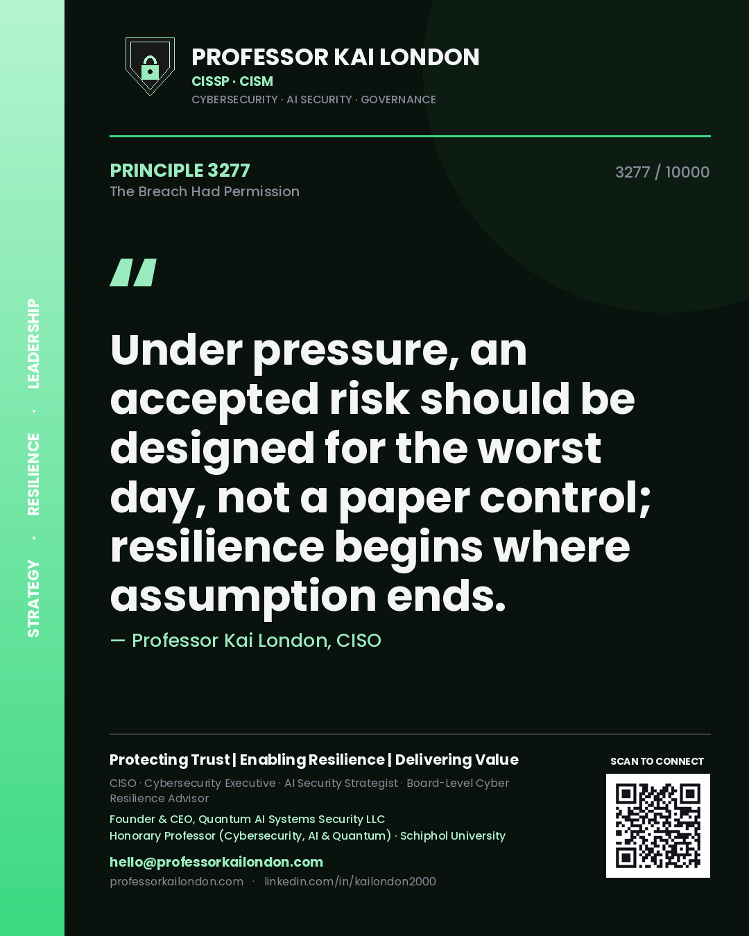 Professor Kai London principle 3277: Under pressure, an accepted risk should be designed for the worst day, not a paper control; resilience begins where assumption ends.