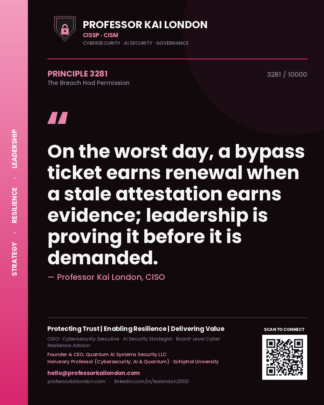 Professor Kai London principle 3281: On the worst day, a bypass ticket earns renewal when a stale attestation earns evidence; leadership is proving it before it is demanded.
