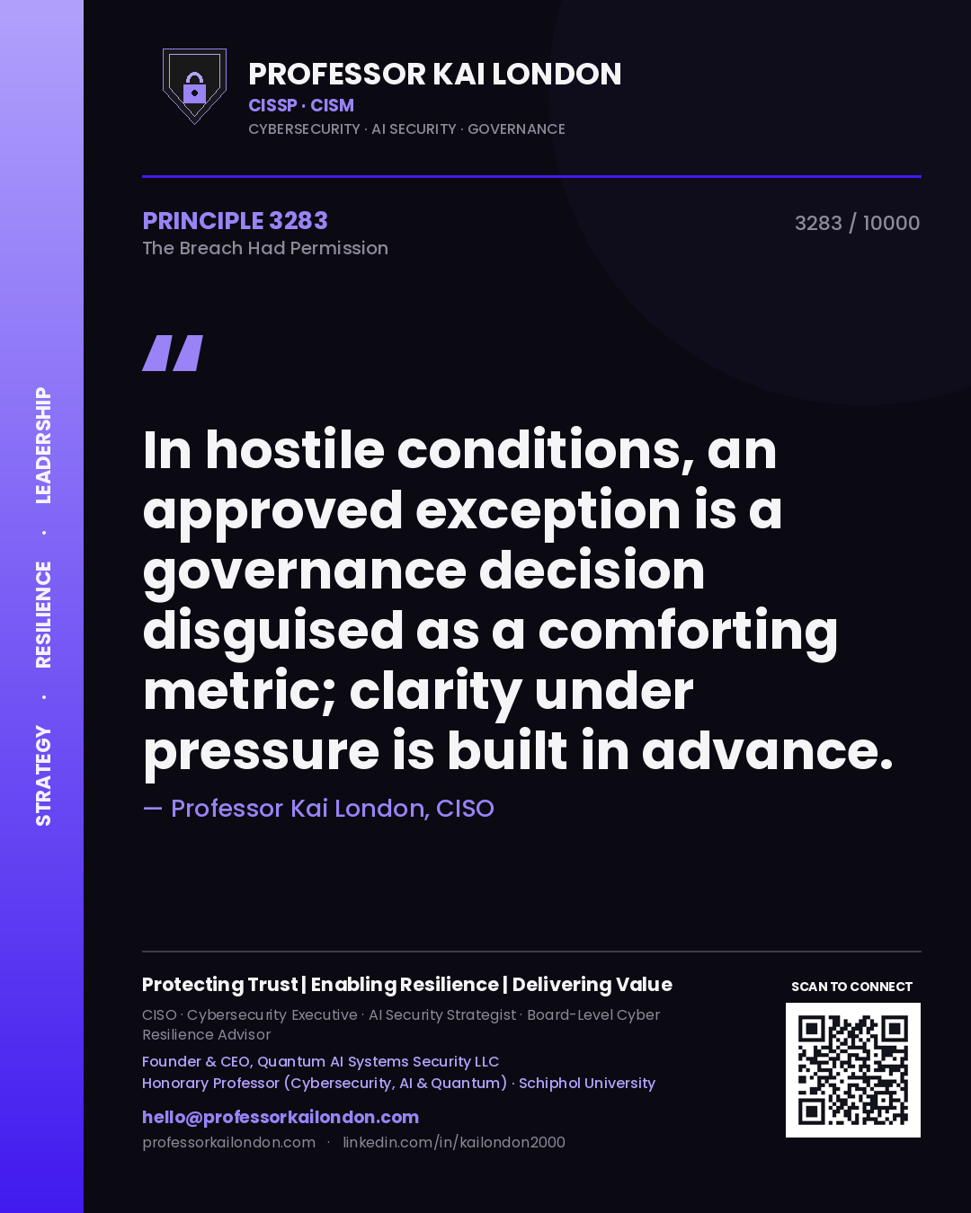 Professor Kai London principle 3283: In hostile conditions, an approved exception is a governance decision disguised as a comforting metric; clarity under pressure is built in advance.