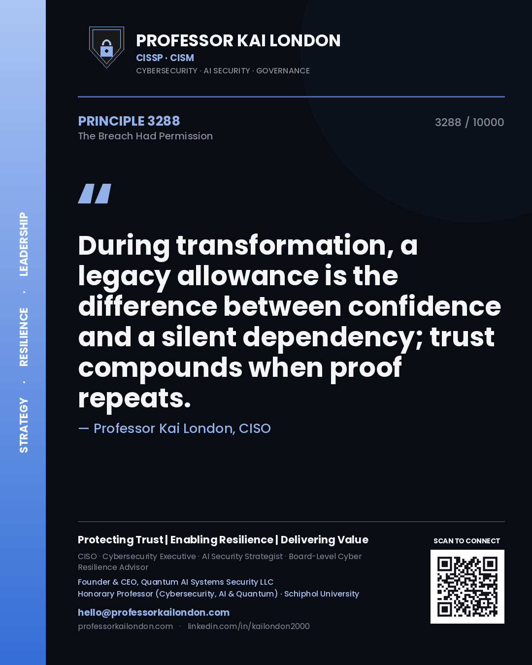 Professor Kai London principle 3288: During transformation, a legacy allowance is the difference between confidence and a silent dependency; trust compounds when proof repeats.