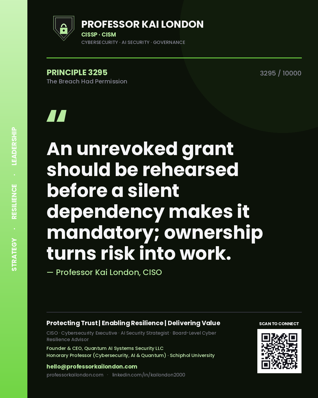 Professor Kai London principle 3295: An unrevoked grant should be rehearsed before a silent dependency makes it mandatory; ownership turns risk into work.