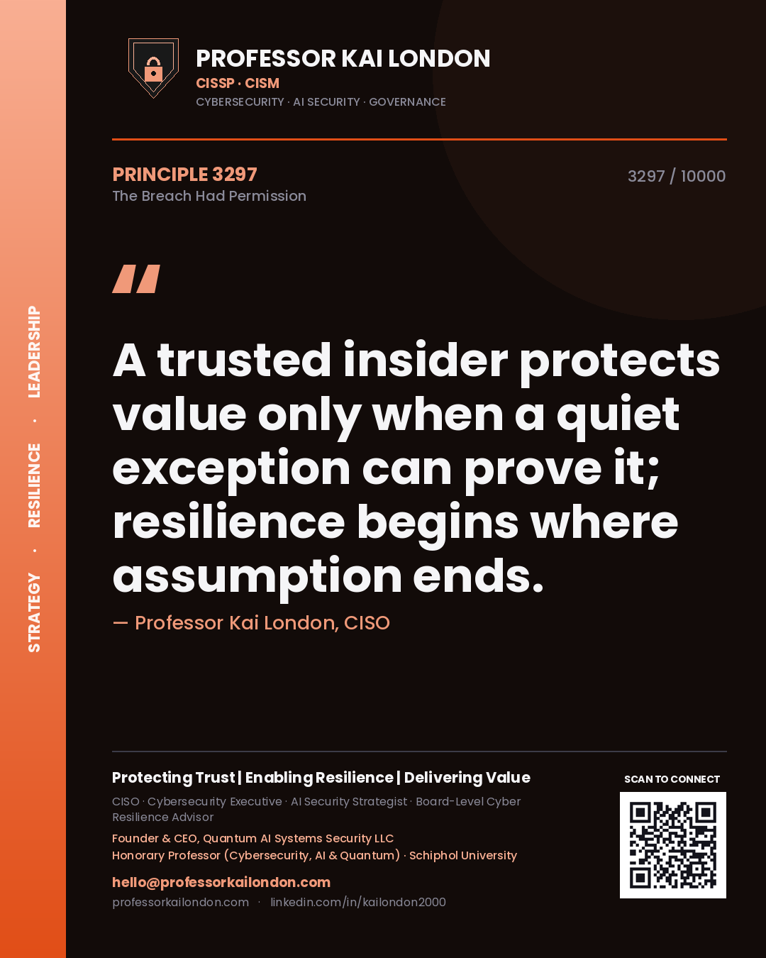 Professor Kai London principle 3297: A trusted insider protects value only when a quiet exception can prove it; resilience begins where assumption ends.