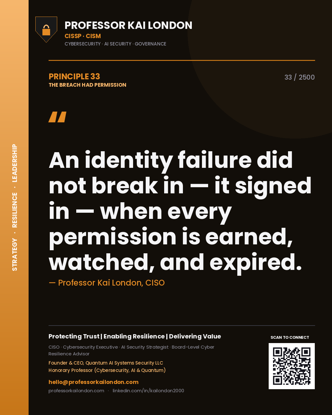 Quote card by Professor Kai London reading 'An identity failure did not break in — it signed in — when every permission is earned, watched, and expired.'. From the book The Breach Had Permission.