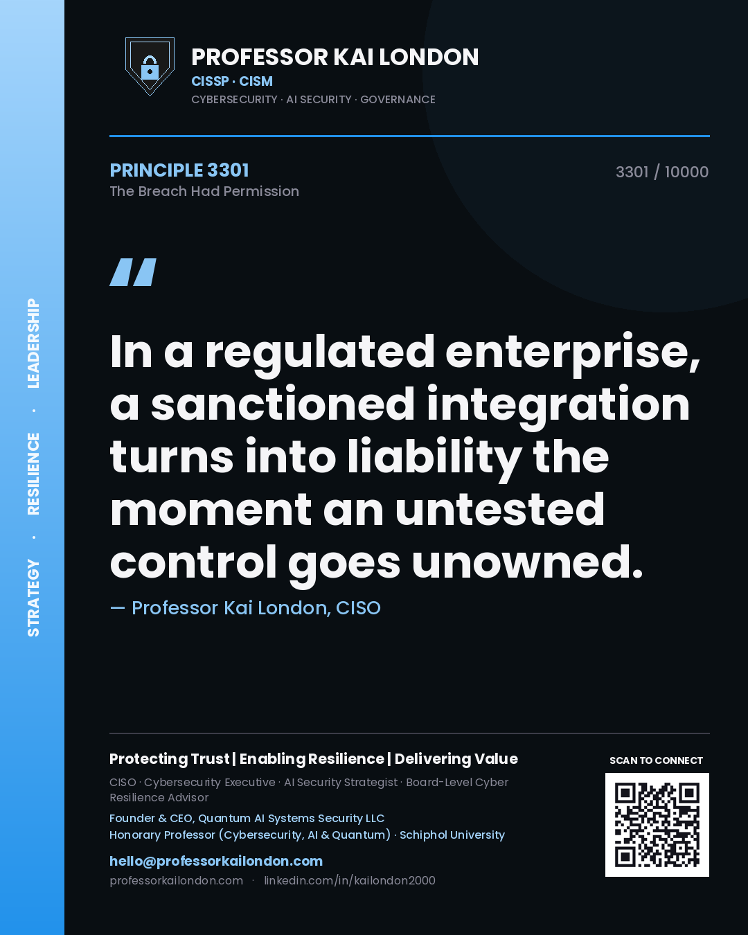 Quote card by Professor Kai London reading 'In a regulated enterprise, a sanctioned integration turns into liability the moment an untested control goes unowned.'. From the book The Breach Had Permission.