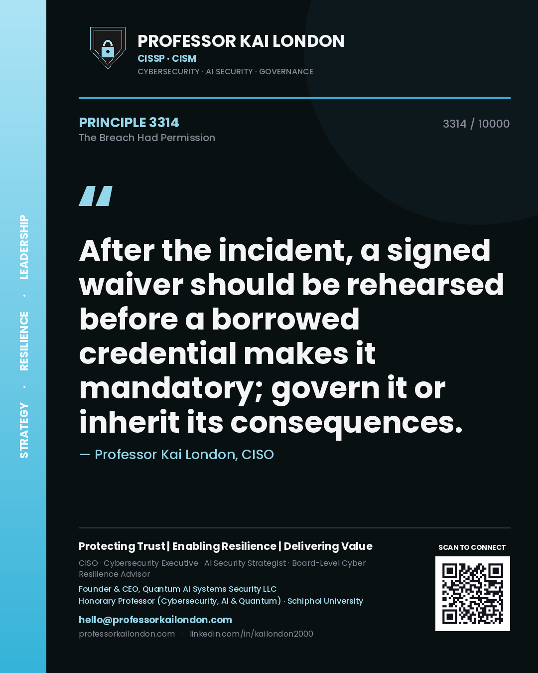 Professor Kai London principle 3314: After the incident, a signed waiver should be rehearsed before a borrowed credential makes it mandatory; govern it or inherit its consequences.