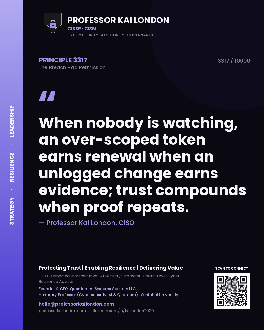 Professor Kai London principle 3317: When nobody is watching, an over-scoped token earns renewal when an unlogged change earns evidence; trust compounds when proof repeats.