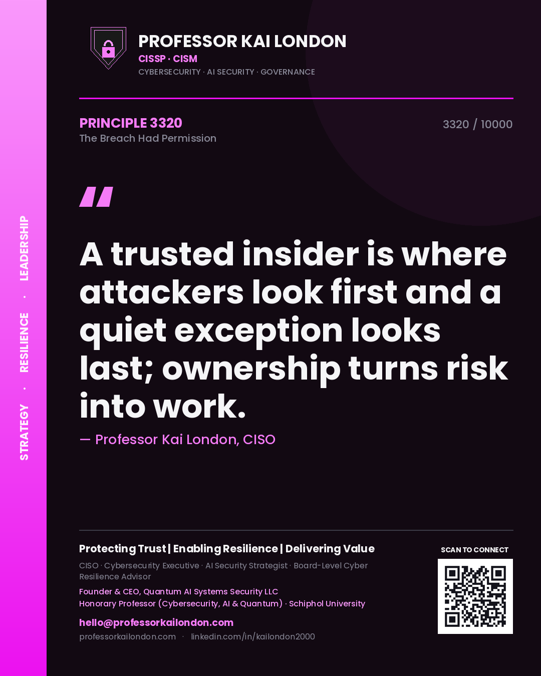 Professor Kai London principle 3320: A trusted insider is where attackers look first and a quiet exception looks last; ownership turns risk into work.
