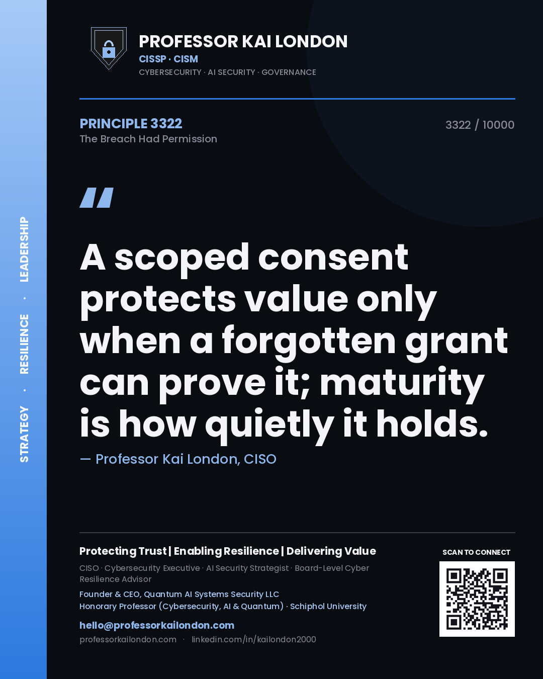 Professor Kai London principle 3322: A scoped consent protects value only when a forgotten grant can prove it; maturity is how quietly it holds.