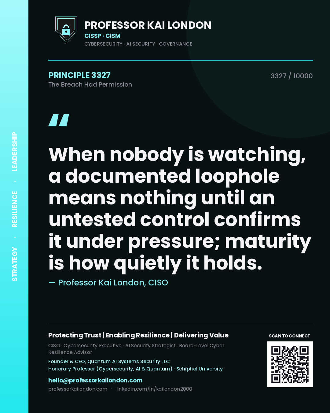 Professor Kai London principle 3327: When nobody is watching, a documented loophole means nothing until an untested control confirms it under pressure; maturity is how quietly it holds.