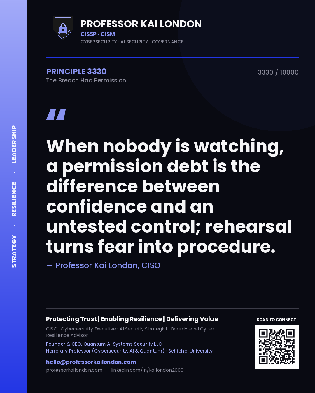 Professor Kai London principle 3330: When nobody is watching, a permission debt is the difference between confidence and an untested control; rehearsal turns fear into procedure.