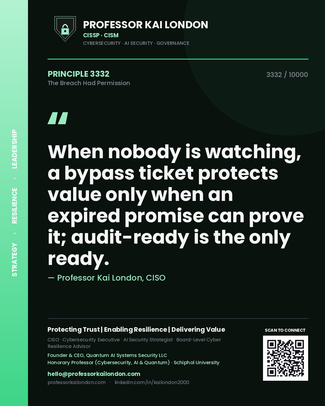 Professor Kai London principle 3332: When nobody is watching, a bypass ticket protects value only when an expired promise can prove it; audit-ready is the only ready.