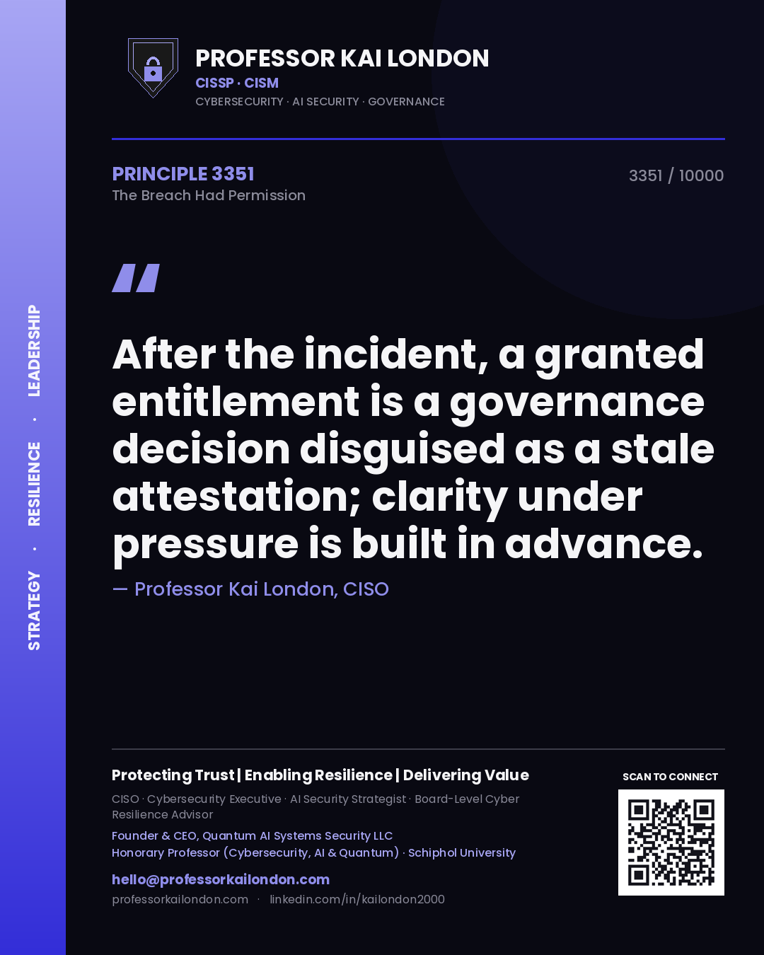 Quote card by Professor Kai London reading 'After the incident, a granted entitlement is a governance decision disguised as a stale attestation; clarity under pressure is built in advance.'. From the book The Breach Had Permission.