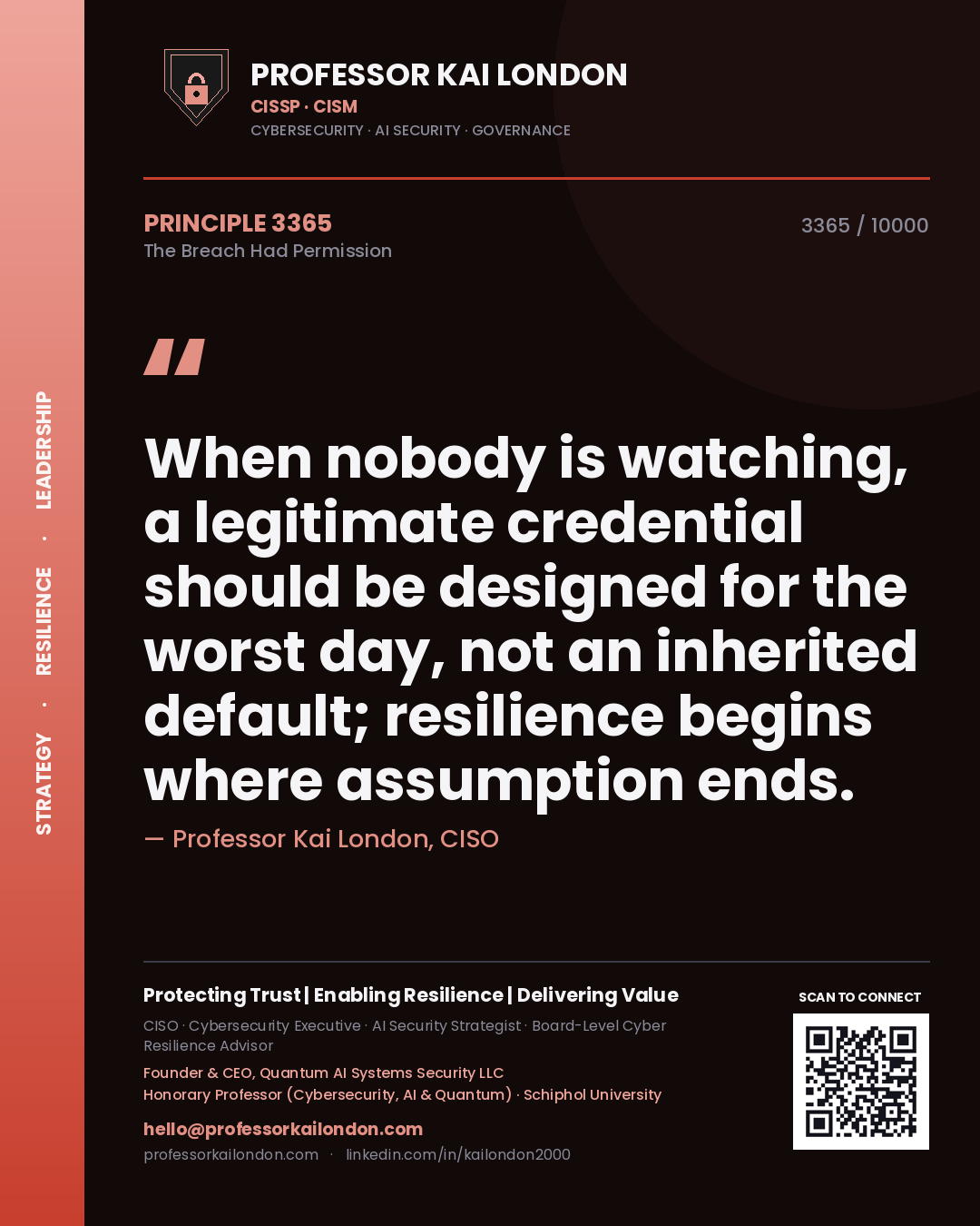 Professor Kai London principle 3365: When nobody is watching, a legitimate credential should be designed for the worst day, not an inherited default; resilience begins where assumption ends.