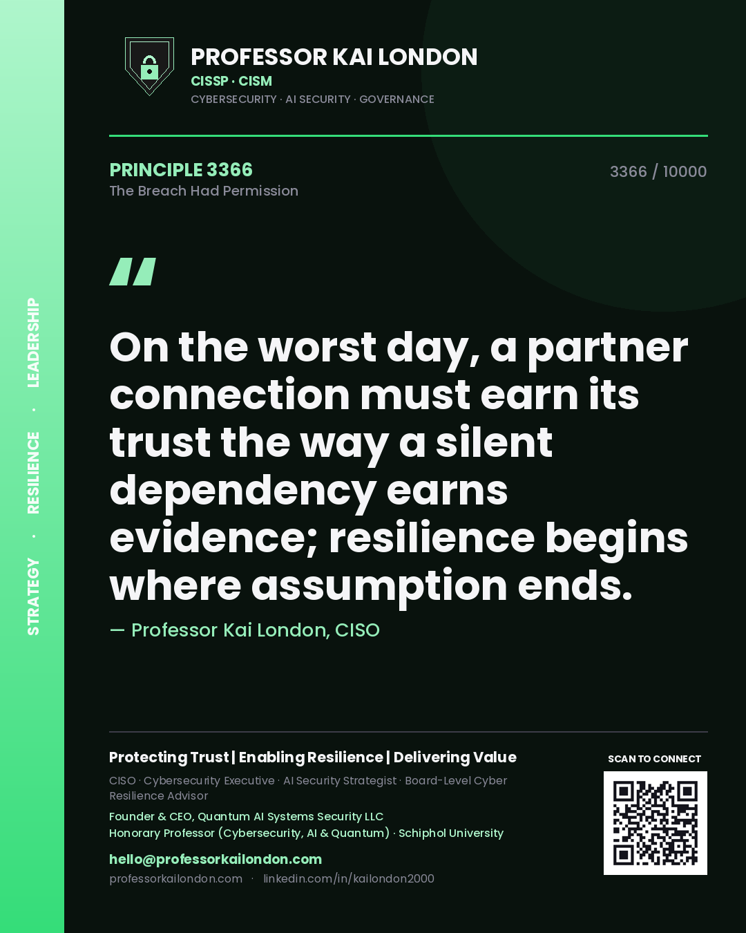 Professor Kai London principle 3366: On the worst day, a partner connection must earn its trust the way a silent dependency earns evidence; resilience begins where assumption ends.