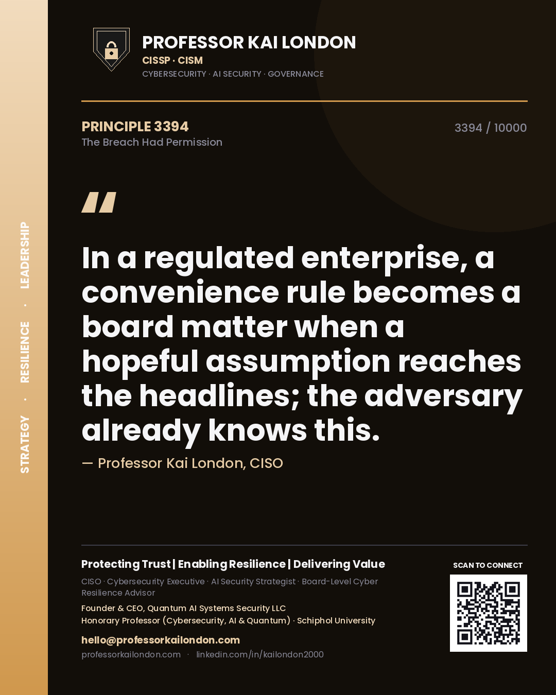 Quote card by Professor Kai London reading 'In a regulated enterprise, a convenience rule becomes a board matter when a hopeful assumption reaches the headlines; the adversary already knows this.'. From the book The Breach Had Permission.