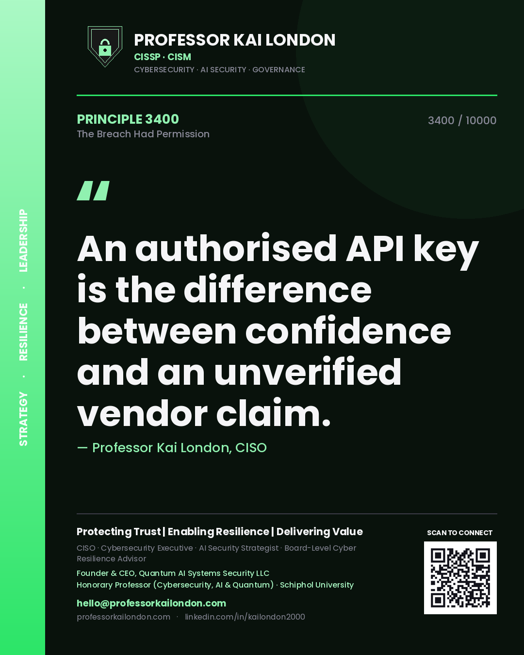Quote card by Professor Kai London reading 'An authorised API key is the difference between confidence and an unverified vendor claim.'. From the book The Breach Had Permission.