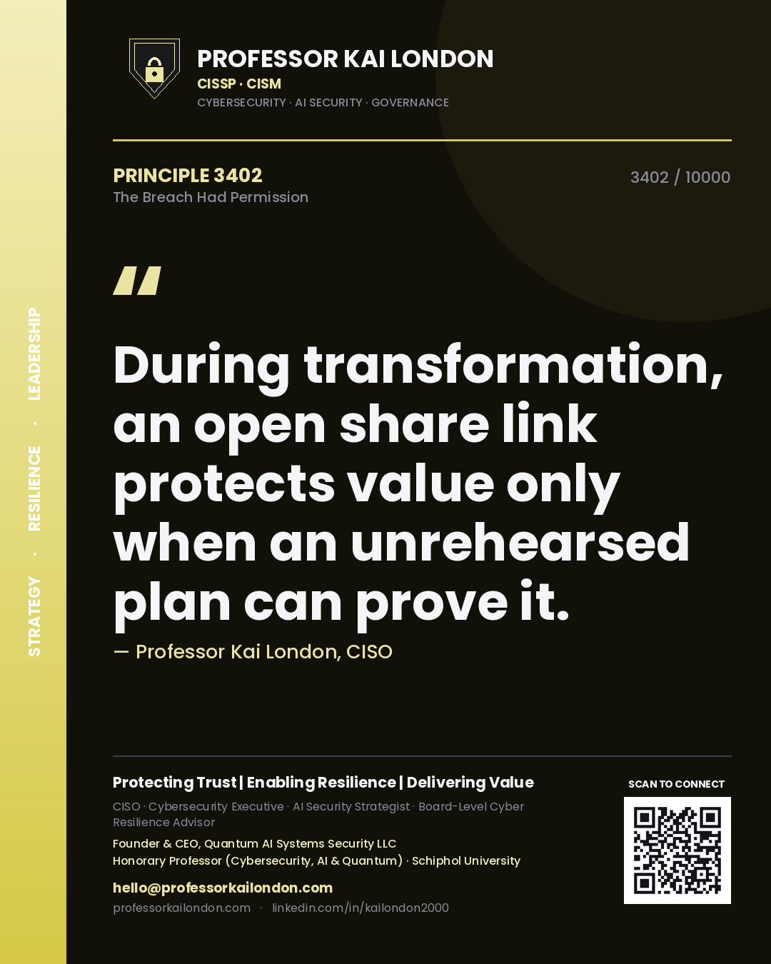 Professor Kai London principle 3402: During transformation, an open share link protects value only when an unrehearsed plan can prove it.