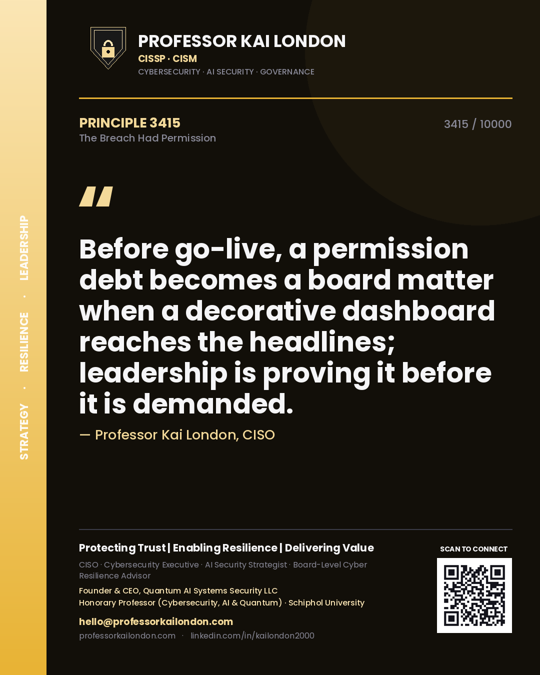 Professor Kai London principle 3415: Before go-live, a permission debt becomes a board matter when a decorative dashboard reaches the headlines; leadership is proving it before it is demanded.