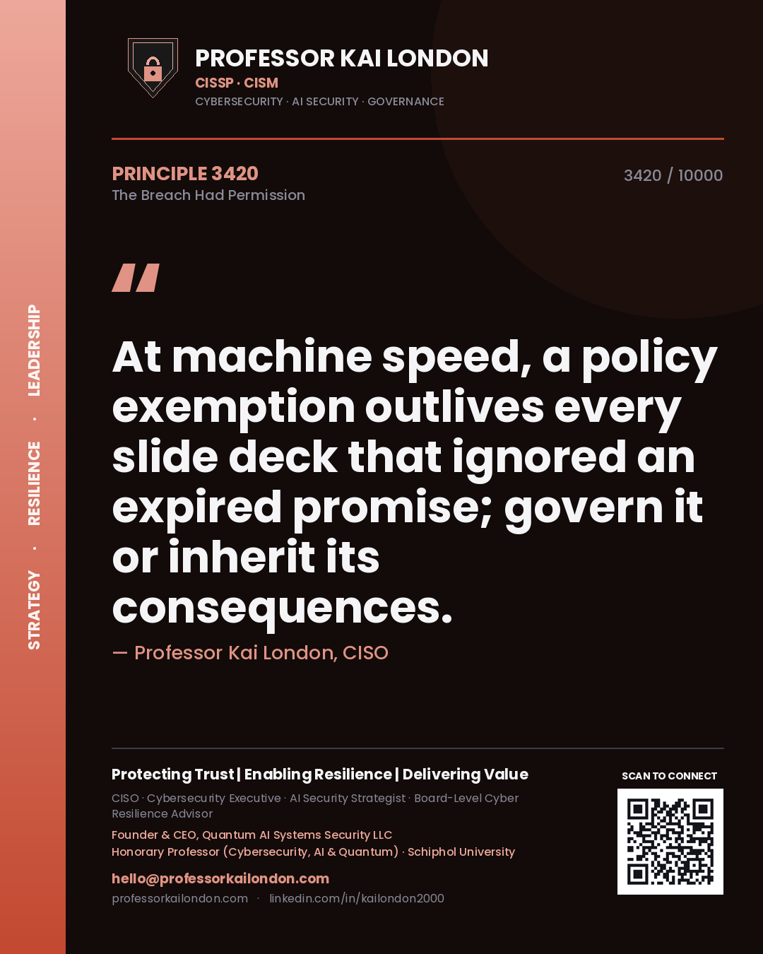 Quote card by Professor Kai London reading 'At machine speed, a policy exemption outlives every slide deck that ignored an expired promise; govern it or inherit its consequences.'. From the book The Breach Had Permission.