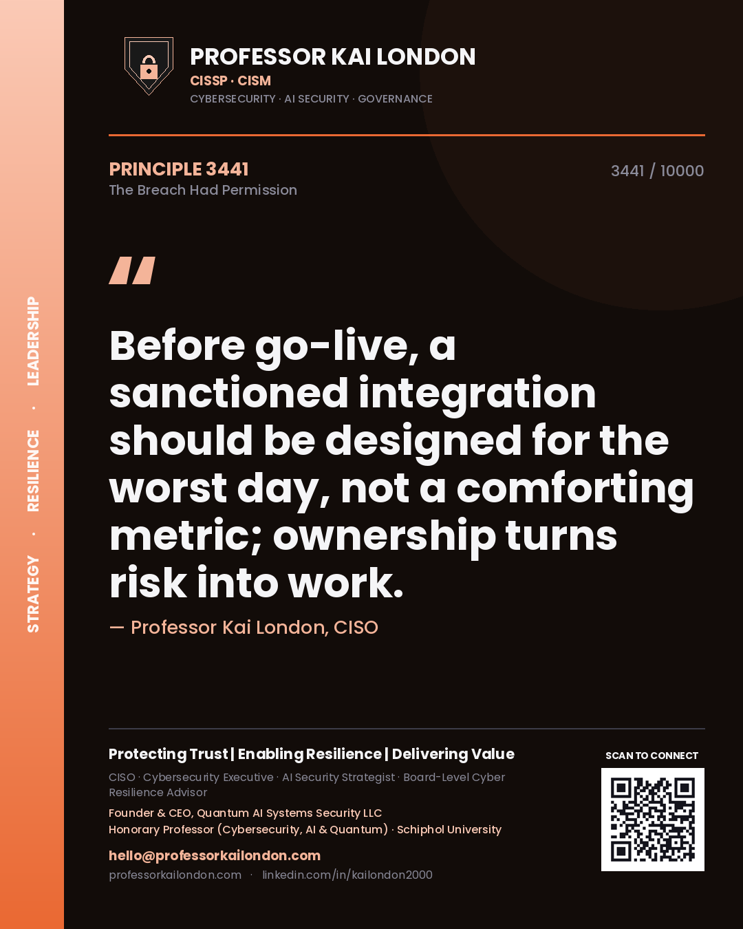Quote card by Professor Kai London reading 'Before go-live, a sanctioned integration should be designed for the worst day, not a comforting metric; ownership turns risk into work.'. From the book The Breach Had Permission.