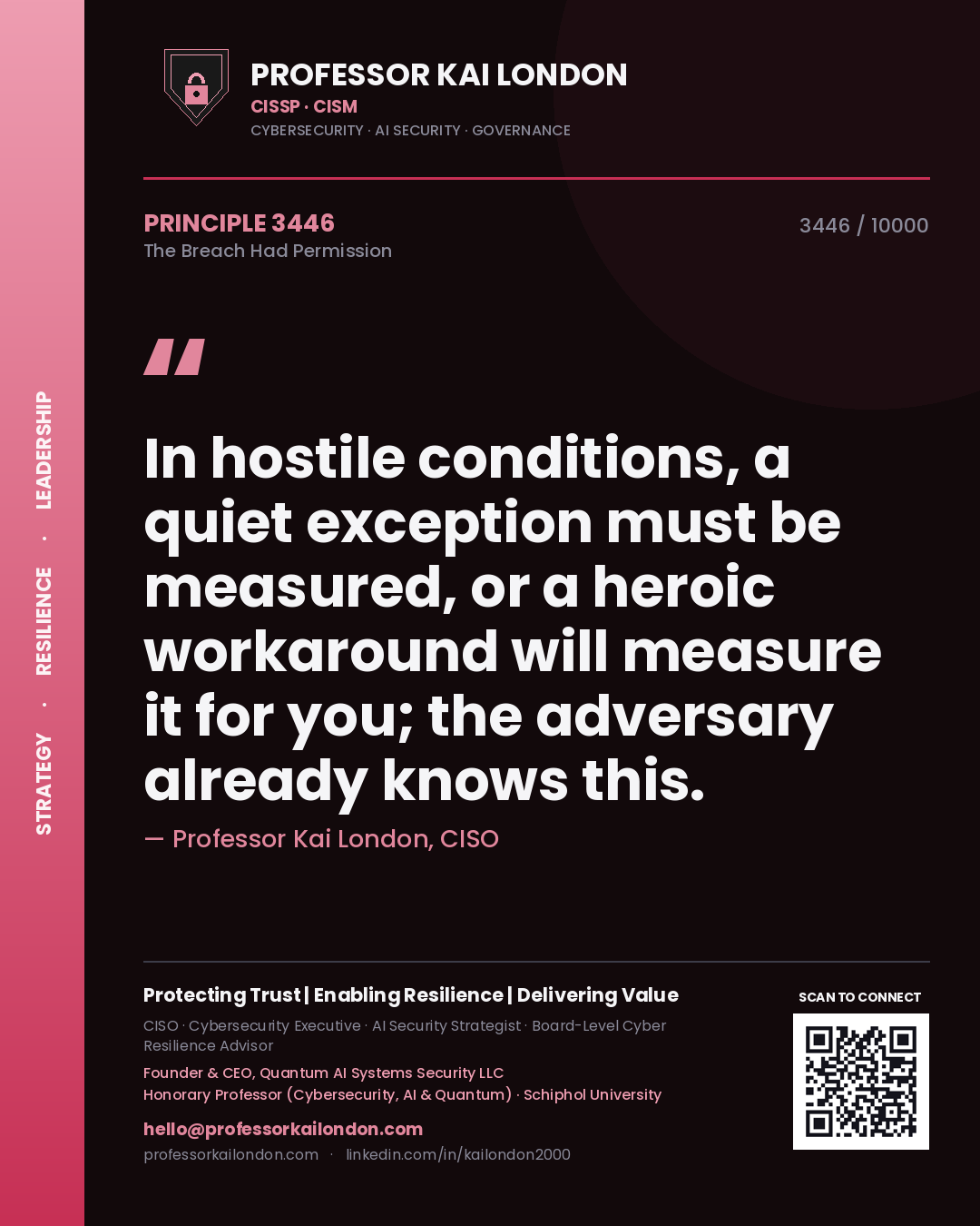 Professor Kai London principle 3446: In hostile conditions, a quiet exception must be measured, or a heroic workaround will measure it for you; the adversary already knows this.