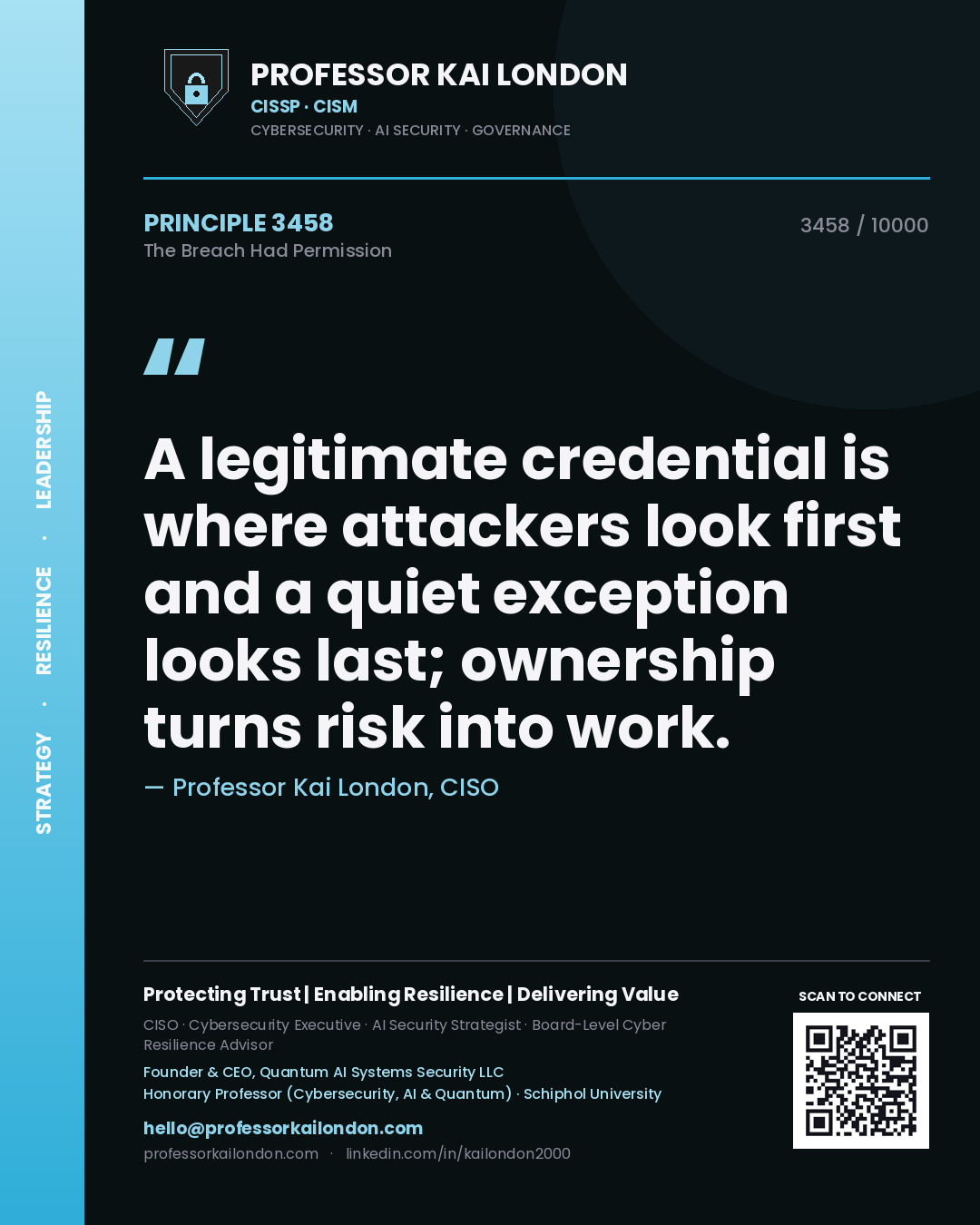 Quote card by Professor Kai London reading 'A legitimate credential is where attackers look first and a quiet exception looks last; ownership turns risk into work.'. From the book The Breach Had Permission.