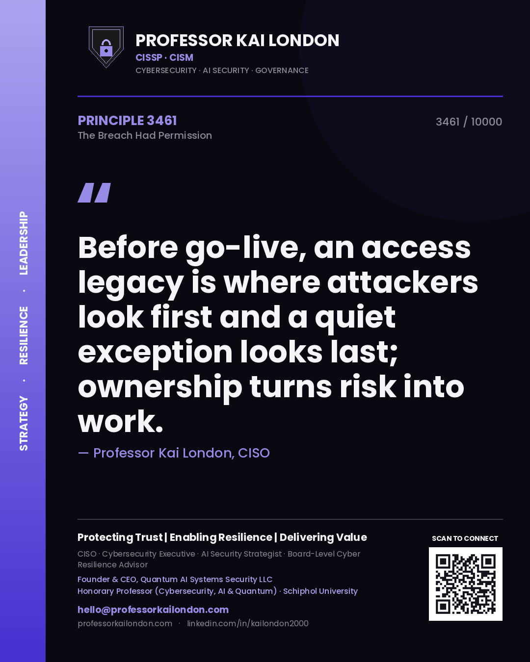 Professor Kai London principle 3461: Before go-live, an access legacy is where attackers look first and a quiet exception looks last; ownership turns risk into work.