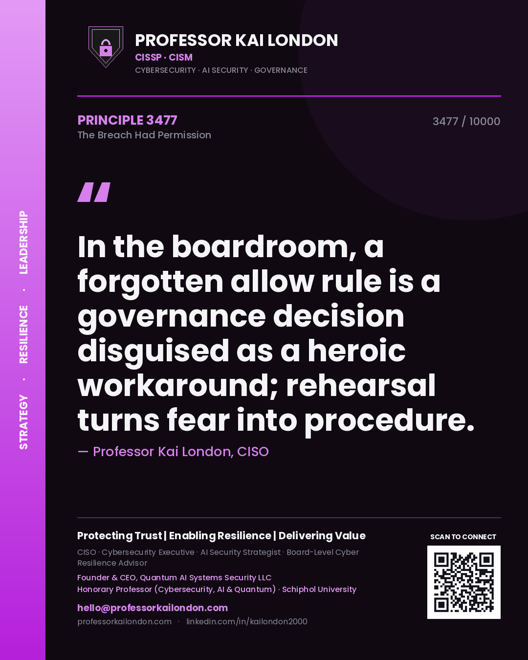 Professor Kai London principle 3477: In the boardroom, a forgotten allow rule is a governance decision disguised as a heroic workaround; rehearsal turns fear into procedure.