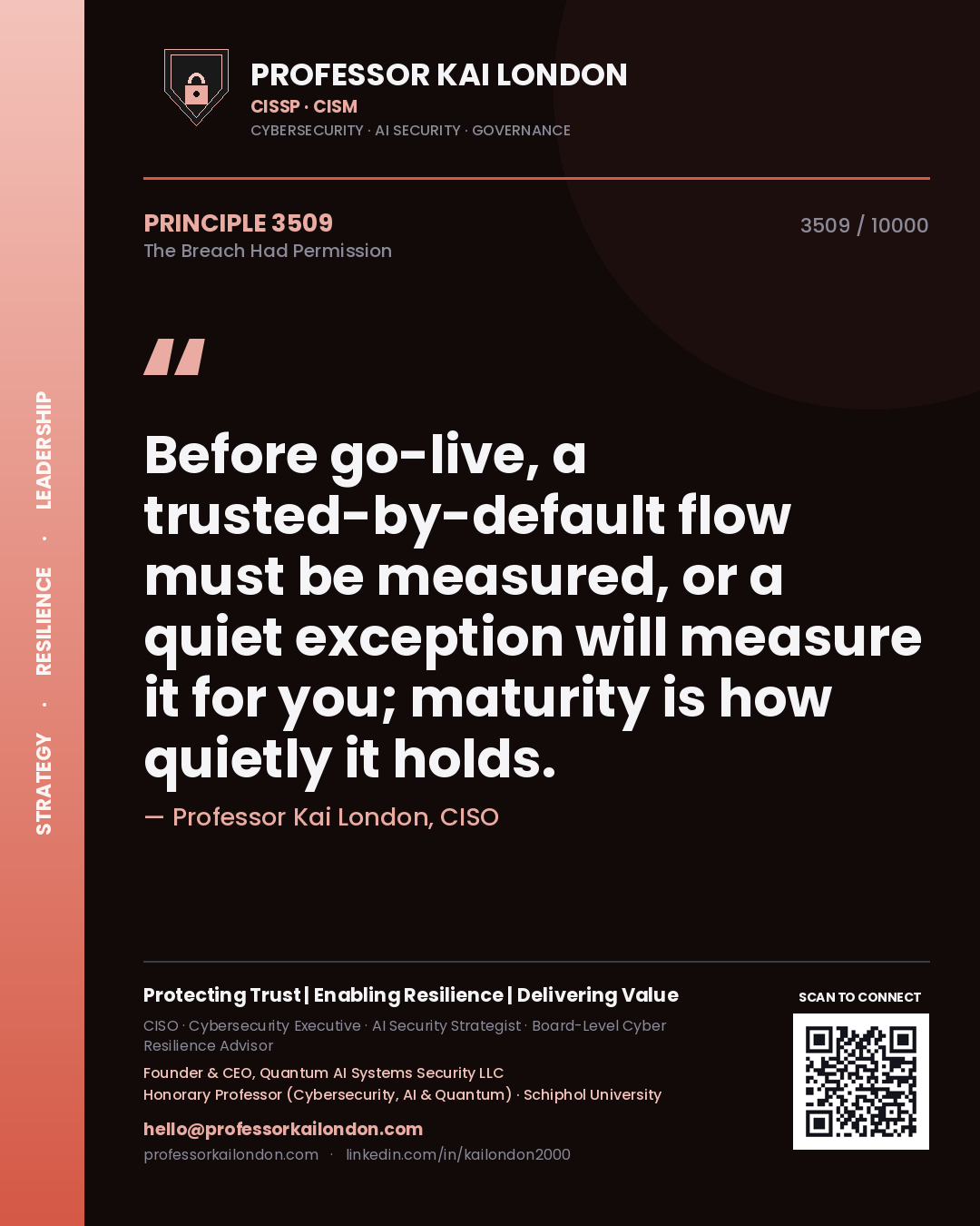 Professor Kai London principle 3509: Before go-live, a trusted-by-default flow must be measured, or a quiet exception will measure it for you; maturity is how quietly it holds.