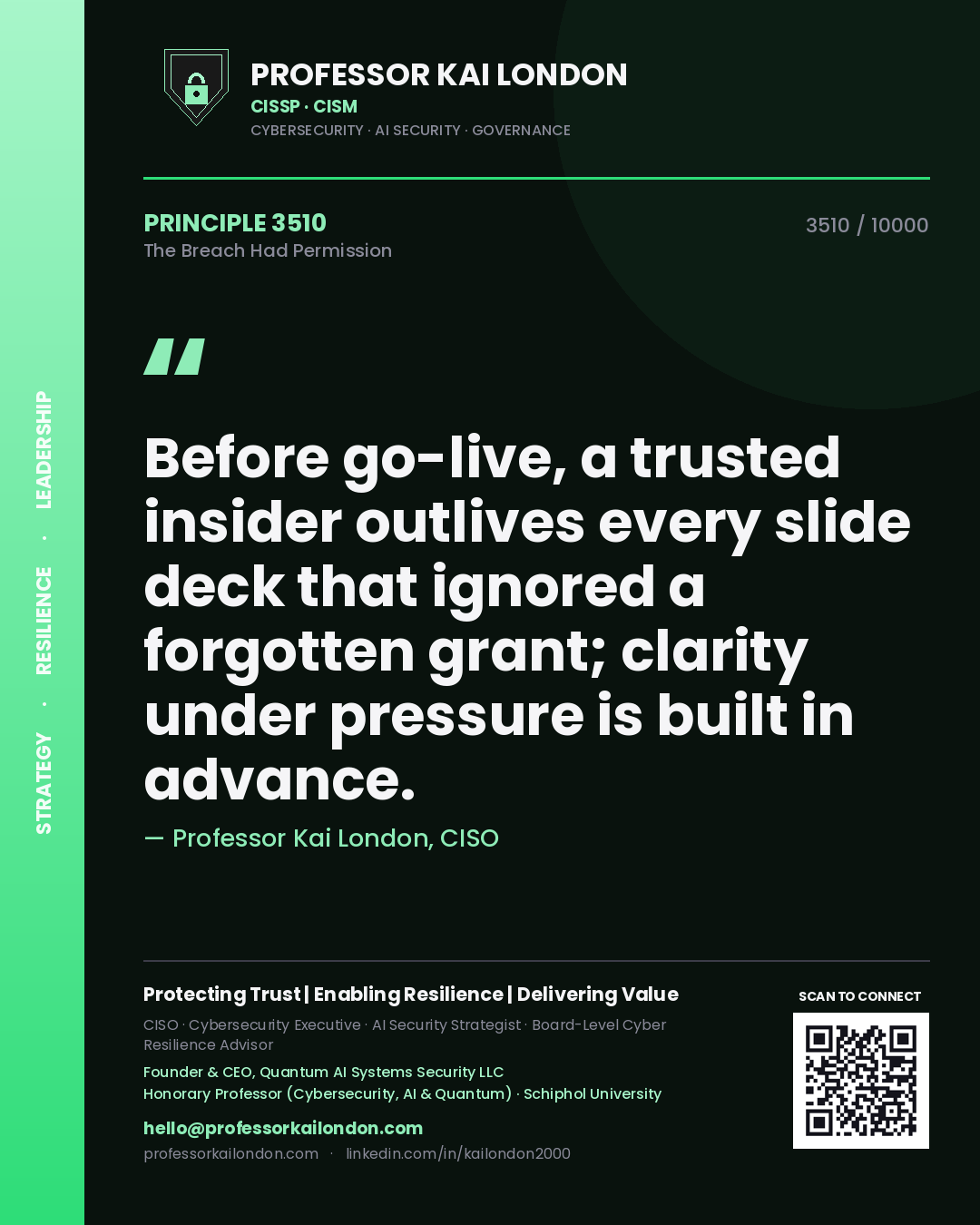 Professor Kai London principle 3510: Before go-live, a trusted insider outlives every slide deck that ignored a forgotten grant; clarity under pressure is built in advance.