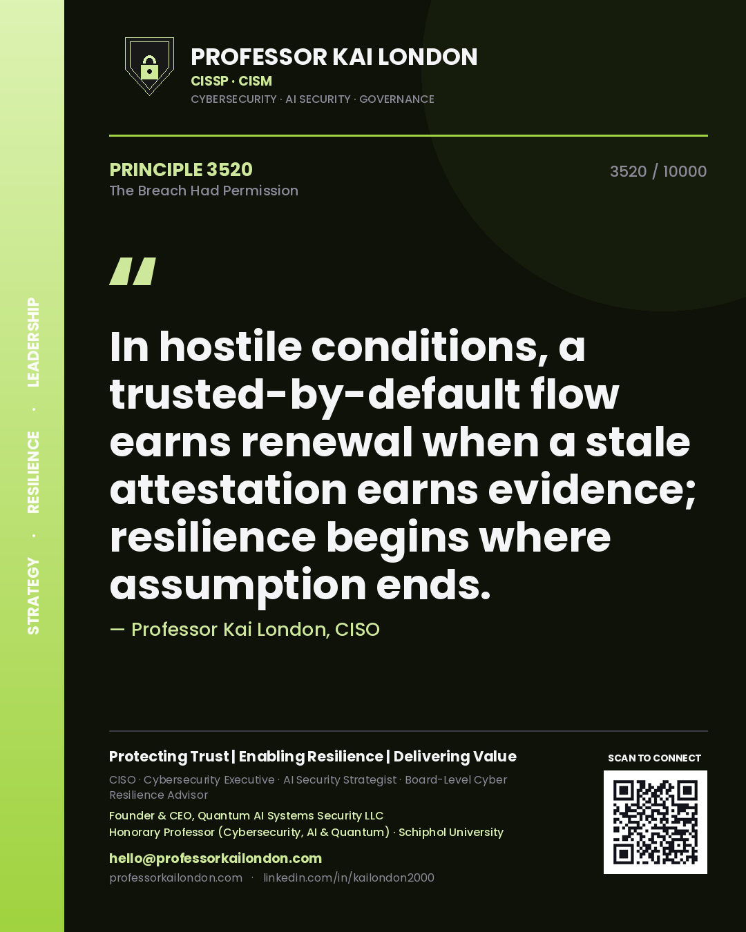 Professor Kai London principle 3520: In hostile conditions, a trusted-by-default flow earns renewal when a stale attestation earns evidence; resilience begins where assumption ends.