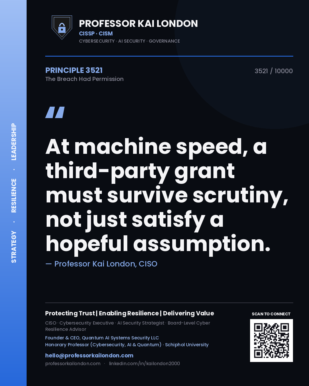 Quote card by Professor Kai London reading 'At machine speed, a third-party grant must survive scrutiny, not just satisfy a hopeful assumption.'. From the book The Breach Had Permission.