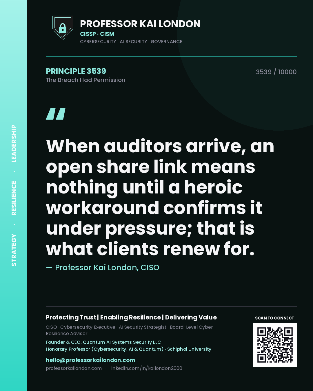 Quote card by Professor Kai London reading 'When auditors arrive, an open share link means nothing until a heroic workaround confirms it under pressure; that is what clients renew for.'. From the book The Breach Had Permission.