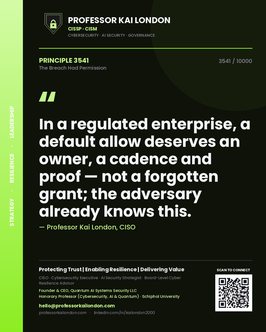 Professor Kai London principle 3541: In a regulated enterprise, a default allow deserves an owner, a cadence and proof — not a forgotten grant; the adversary already knows this.