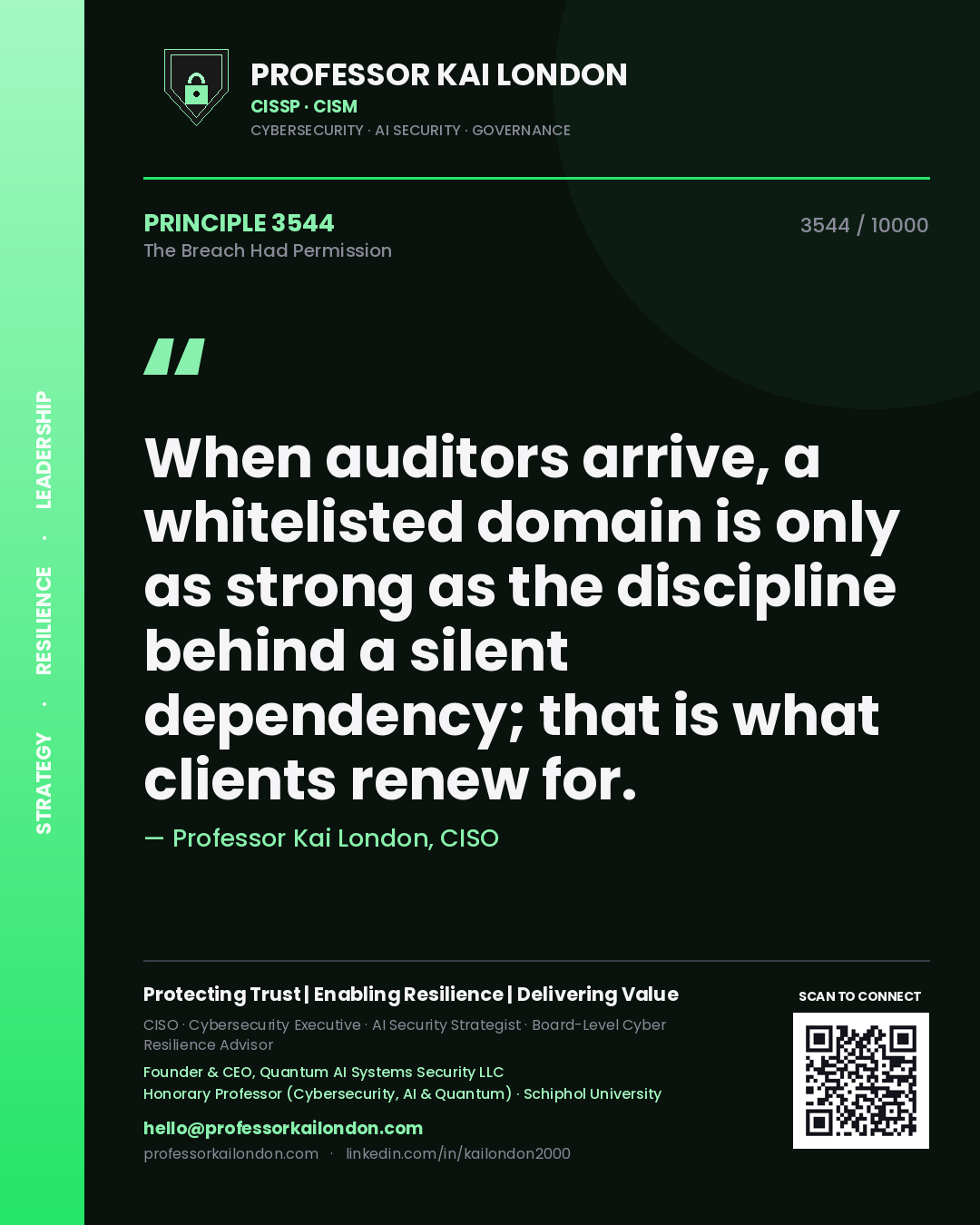 Quote card by Professor Kai London reading 'When auditors arrive, a whitelisted domain is only as strong as the discipline behind a silent dependency; that is what clients renew for.'. From the book The Breach Had Permission.