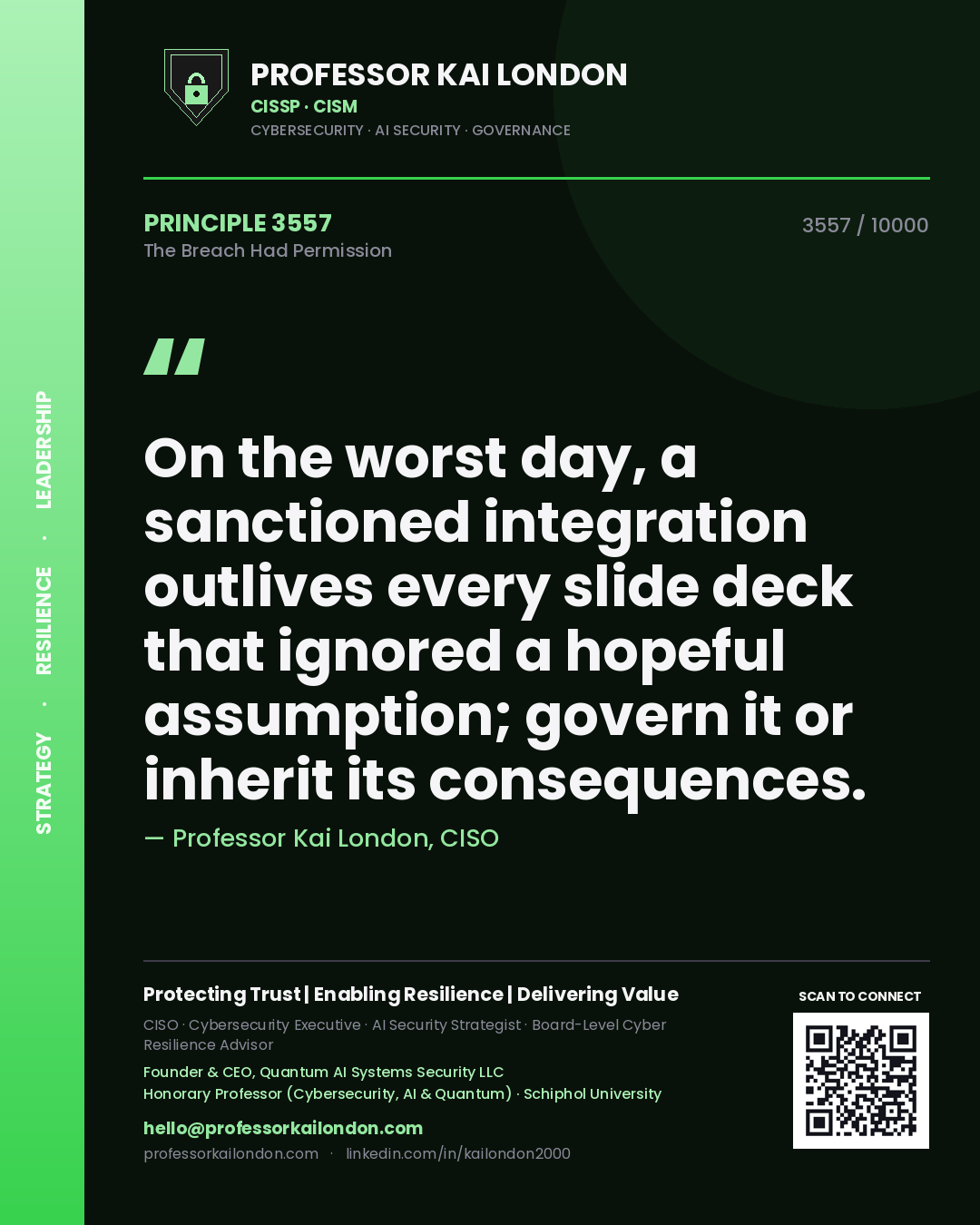 Professor Kai London principle 3557: On the worst day, a sanctioned integration outlives every slide deck that ignored a hopeful assumption; govern it or inherit its consequences.
