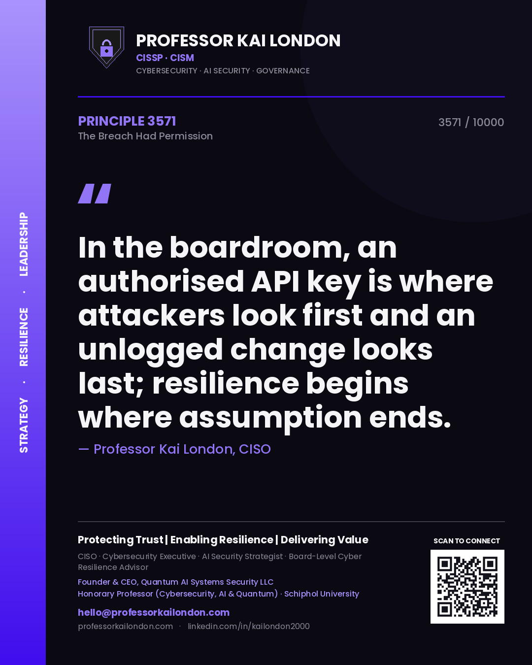 Quote card by Professor Kai London reading 'In the boardroom, an authorised API key is where attackers look first and an unlogged change looks last; resilience begins where assumption ends.'. From the book The Breach Had Permission.