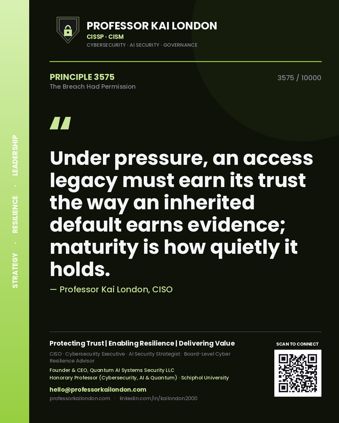 Professor Kai London principle 3575: Under pressure, an access legacy must earn its trust the way an inherited default earns evidence; maturity is how quietly it holds.