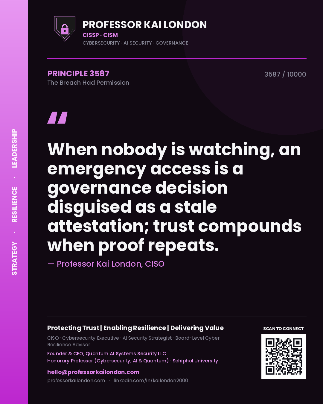 Quote card by Professor Kai London reading 'When nobody is watching, an emergency access is a governance decision disguised as a stale attestation; trust compounds when proof repeats.'. From the book The Breach Had Permission.