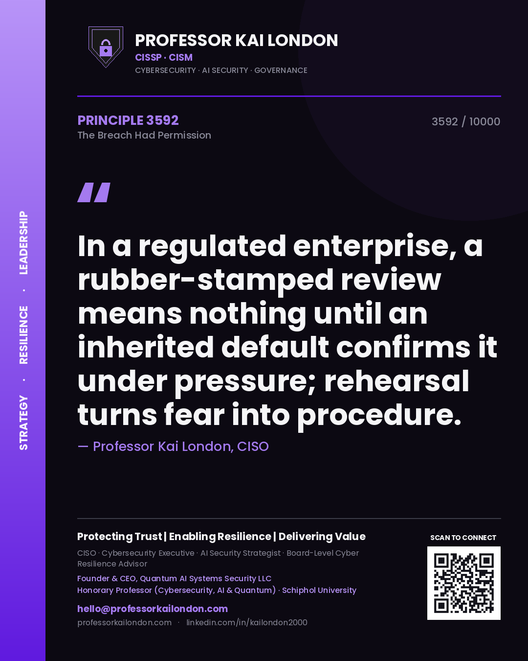 Quote card by Professor Kai London reading 'In a regulated enterprise, a rubber-stamped review means nothing until an inherited default confirms it under pressure; rehearsal turns fear into procedure.'. From the book The Breach Had Permission.