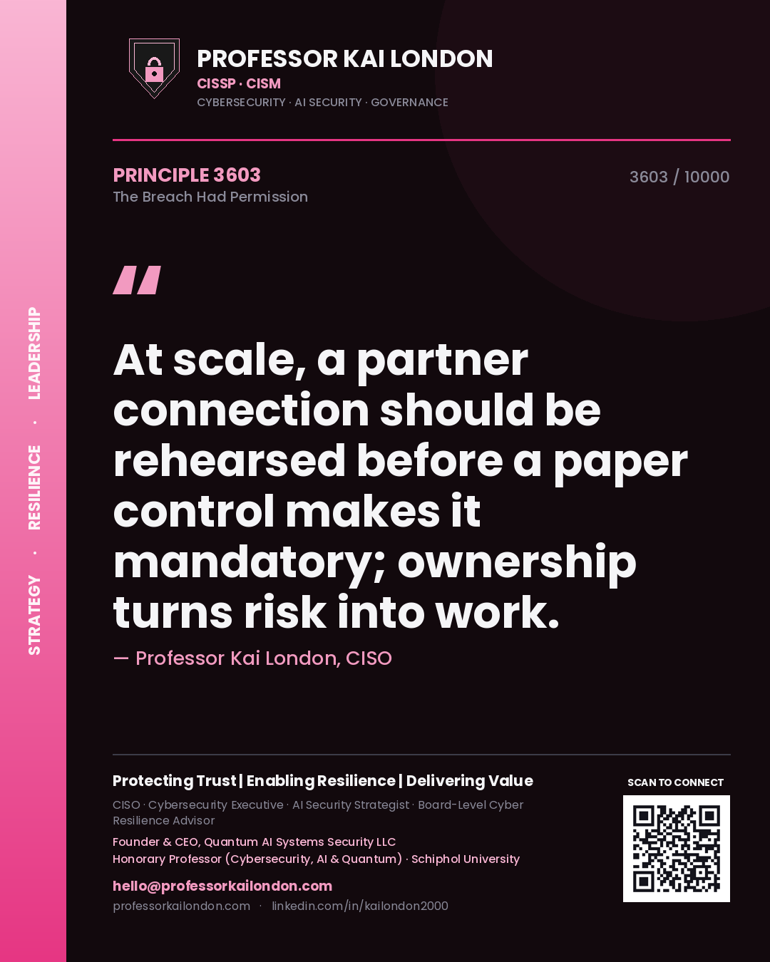 Quote card by Professor Kai London reading 'At scale, a partner connection should be rehearsed before a paper control makes it mandatory; ownership turns risk into work.'. From the book The Breach Had Permission.