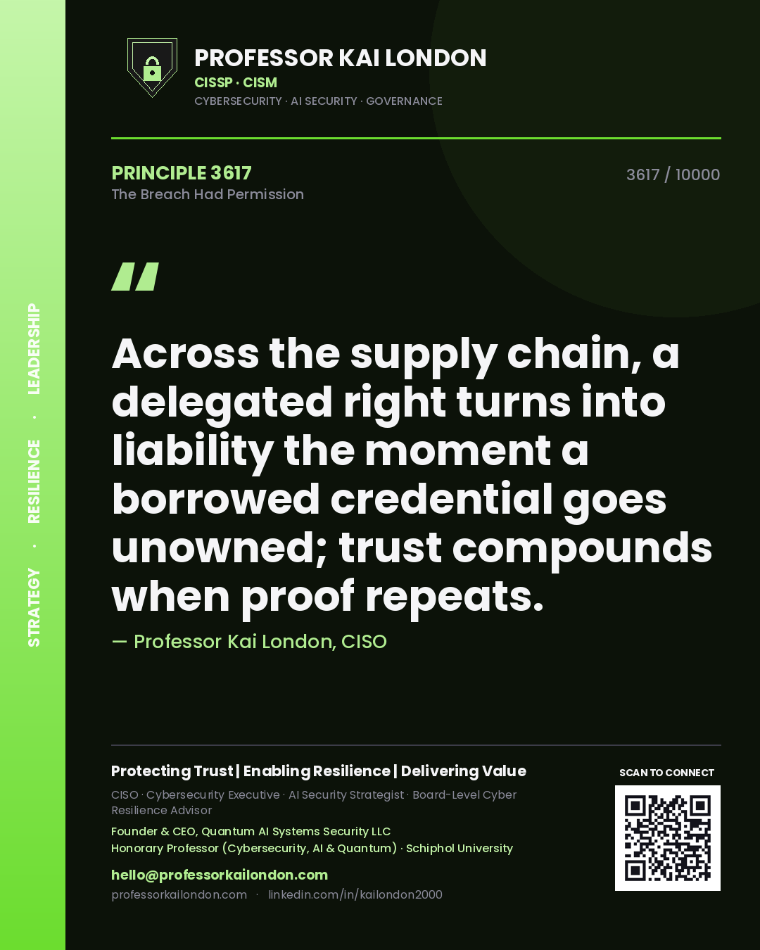 Professor Kai London principle 3617: Across the supply chain, a delegated right turns into liability the moment a borrowed credential goes unowned; trust compounds when proof repeats.