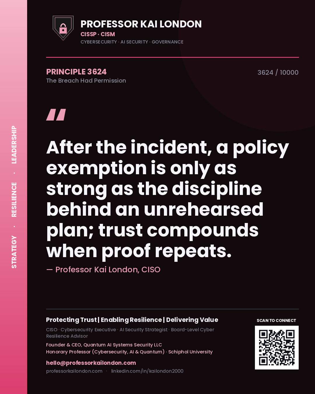 Quote card by Professor Kai London reading 'After the incident, a policy exemption is only as strong as the discipline behind an unrehearsed plan; trust compounds when proof repeats.'. From the book The Breach Had Permission.