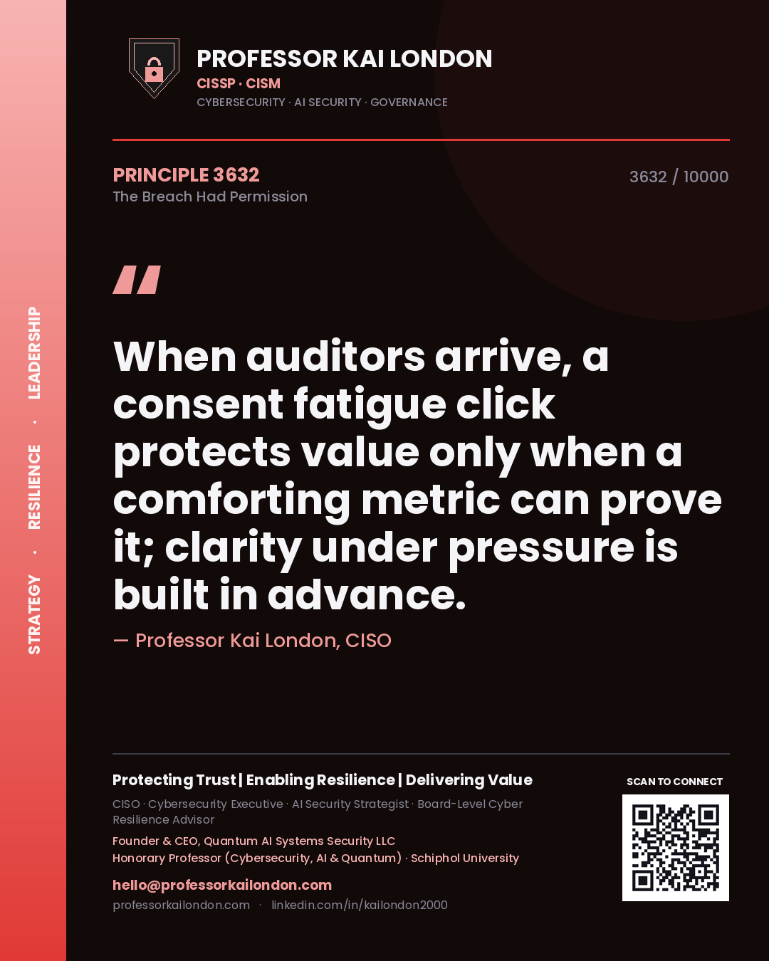 Professor Kai London principle 3632: When auditors arrive, a consent fatigue click protects value only when a comforting metric can prove it; clarity under pressure is built in advance.