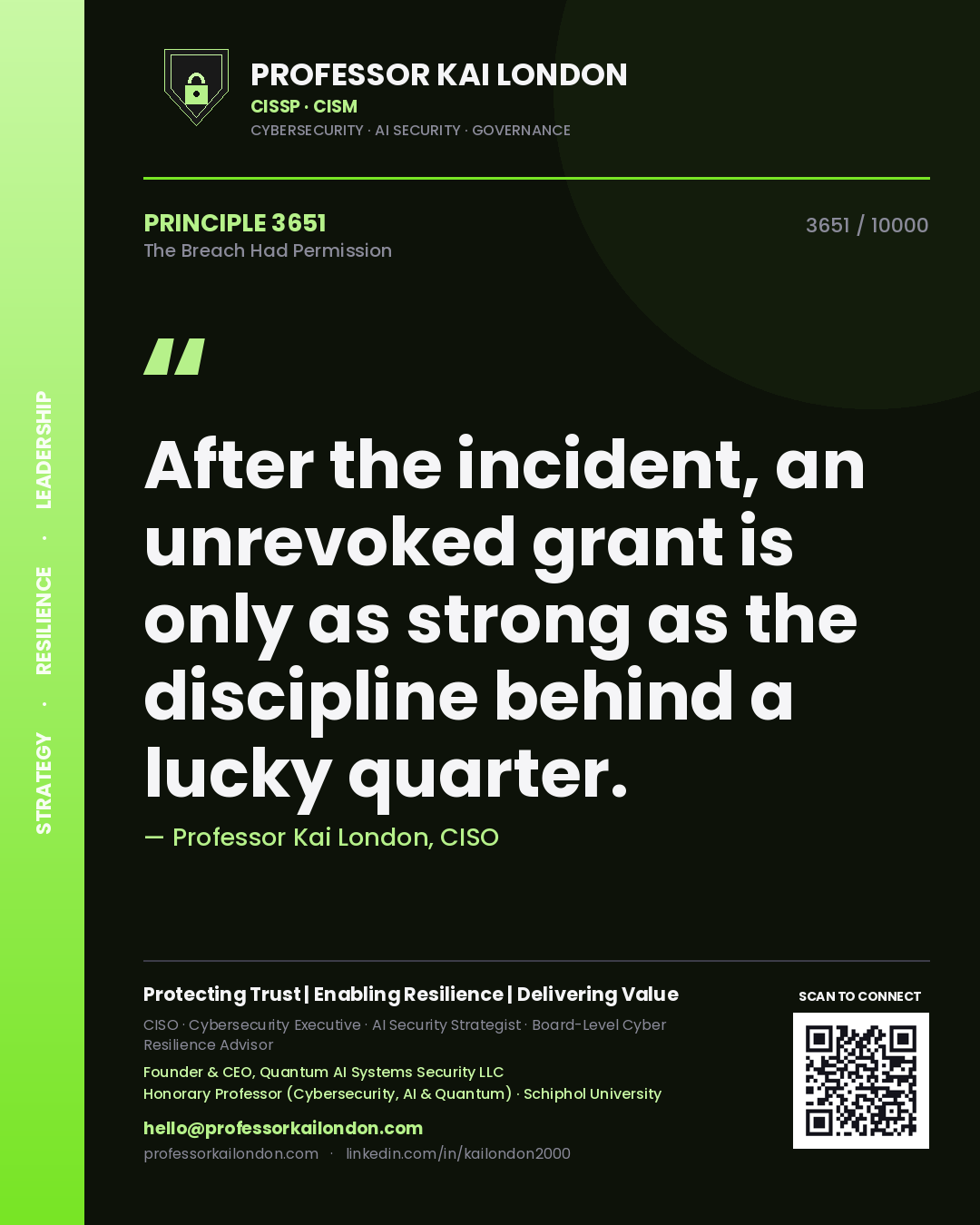 Quote card by Professor Kai London reading 'After the incident, an unrevoked grant is only as strong as the discipline behind a lucky quarter.'. From the book The Breach Had Permission.