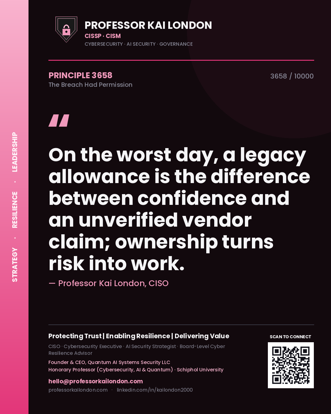 Quote card by Professor Kai London reading 'On the worst day, a legacy allowance is the difference between confidence and an unverified vendor claim; ownership turns risk into work.'. From the book The Breach Had Permission.
