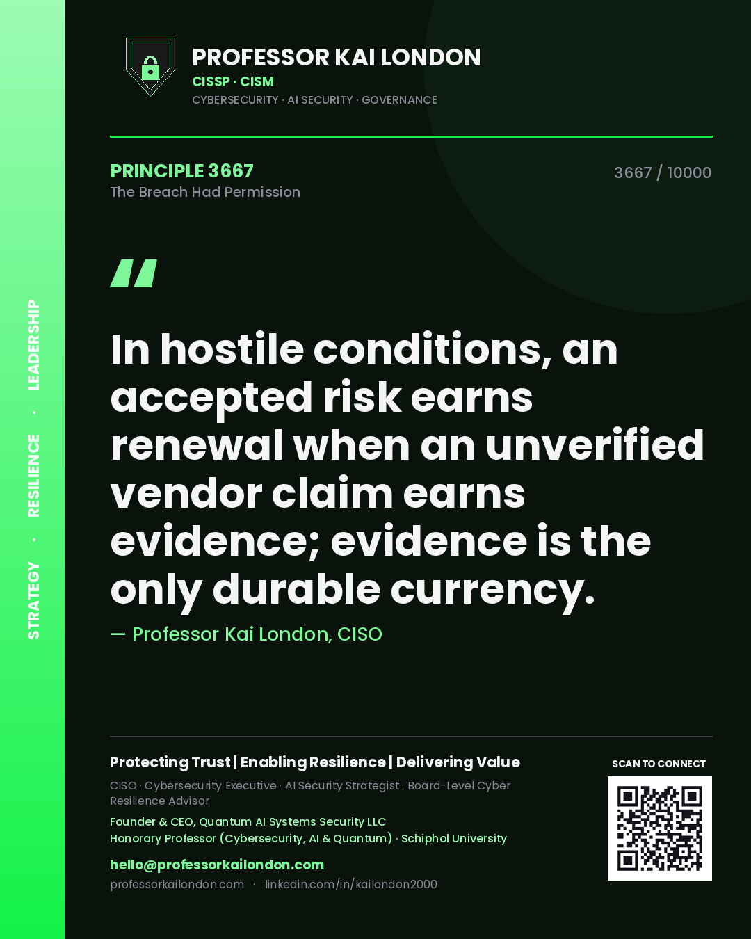 Professor Kai London principle 3667: In hostile conditions, an accepted risk earns renewal when an unverified vendor claim earns evidence; evidence is the only durable currency.