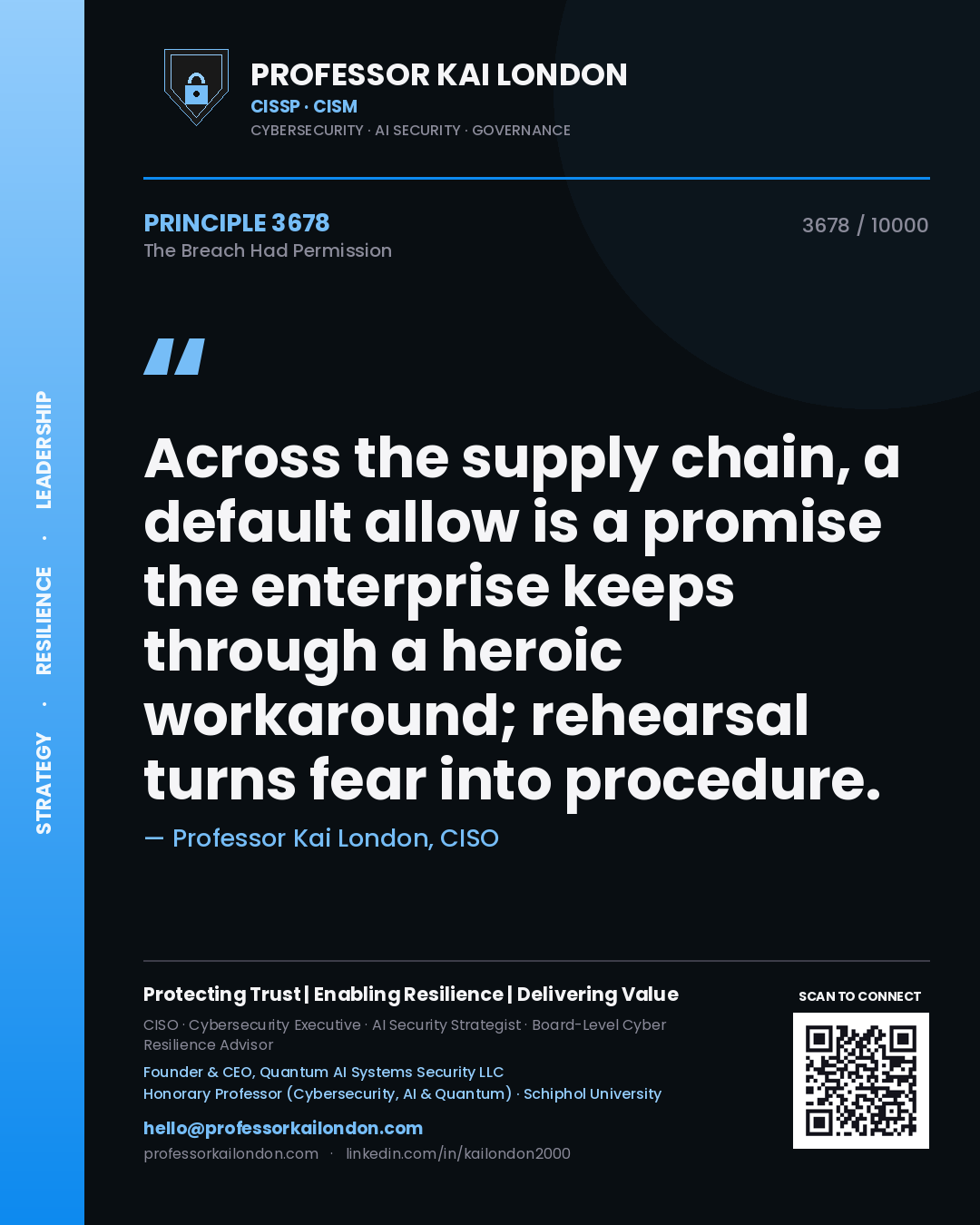 Professor Kai London principle 3678: Across the supply chain, a default allow is a promise the enterprise keeps through a heroic workaround; rehearsal turns fear into procedure.